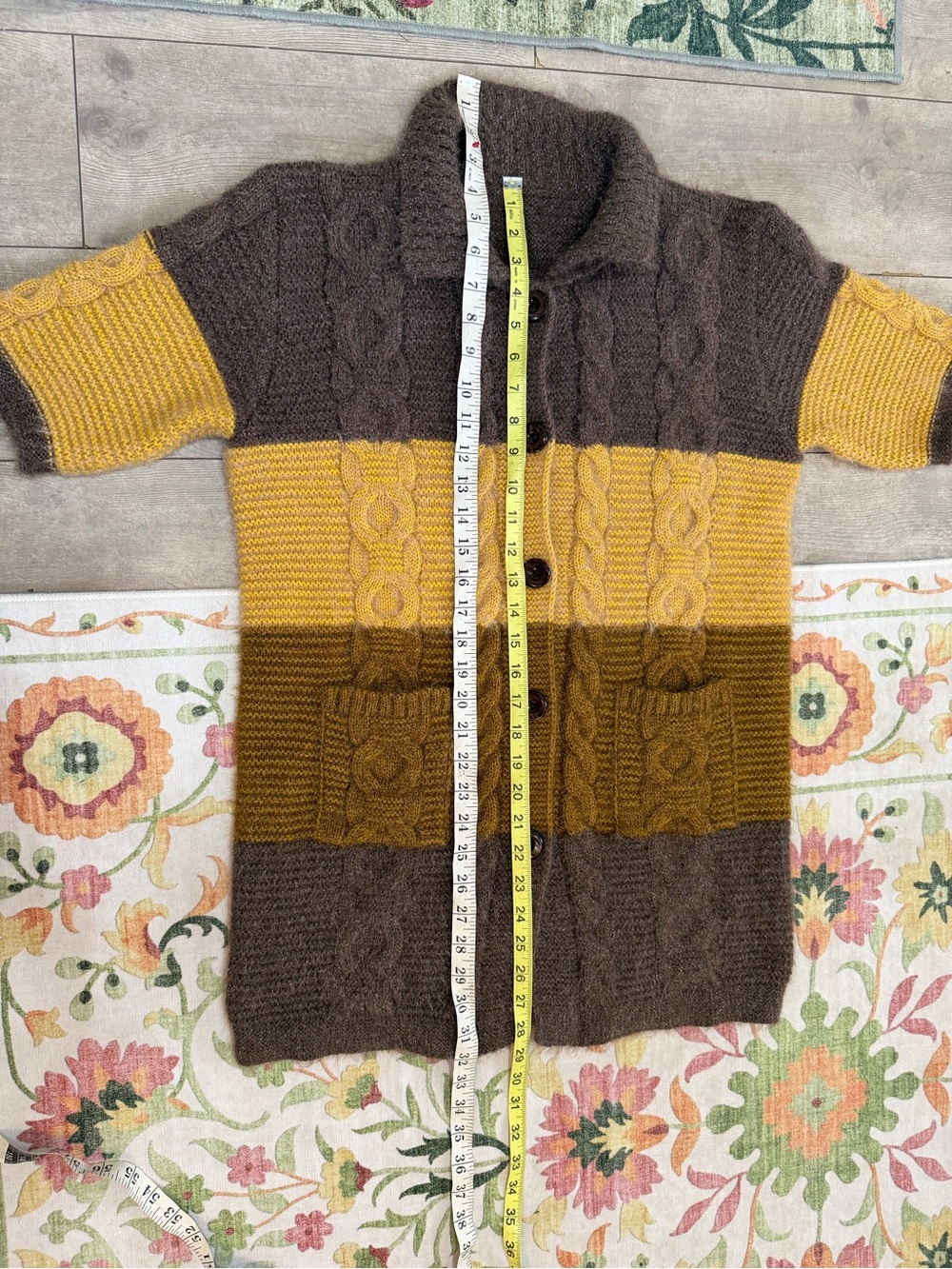 VTG Colorblock Cable Knit Short Sleeve Cardigan Brown Mustard Cottagecore Large - Picture 10 of 16